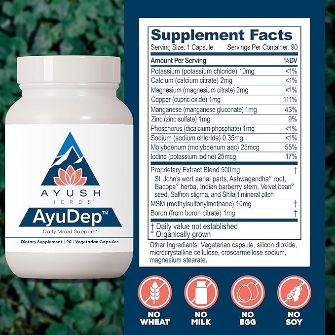 Ayush Herbs AyuDep - Saffron & Ashwagandha Supplements, Uplifting Formula for Women & Men, Herbal Support for Adults - 90 Vegetarian Capsules (1 Count)