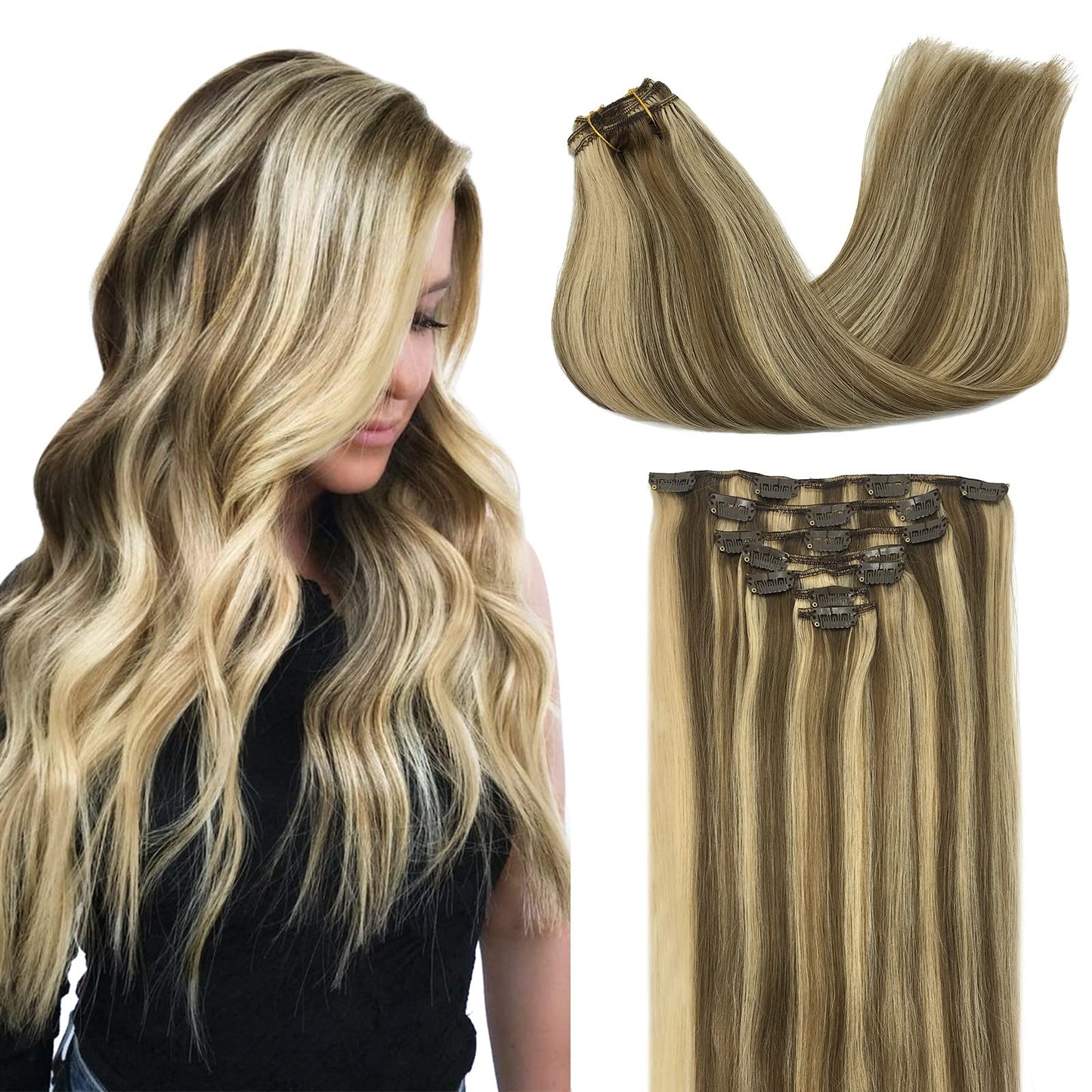 Doores Human Hair Extensions Clip In Medium Brown Highlighted Golden Blonde 120G 7Pcs 22 Inch Remy Clip In Hair Extensions Real