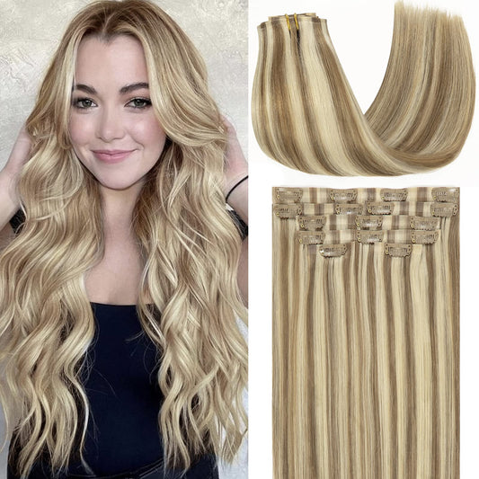 Loxxy Blonde Clip In Hair Extensions Real Human Hair Balayage Light Ash Brown Mixed With Platinum Blonde Remy Seamless Hair Exte