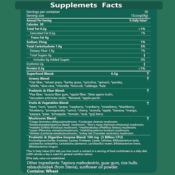 Super Greens Powder, 50+ Superfoods Blend, No Sugar, Fiber, Fruits, Vegetables, Spirulina, Chlorella, Mushrooms, Antioxidants, Prebiotics & Probiotics, Digestive Enzymes (9.52 OZ, Mixd Berry)