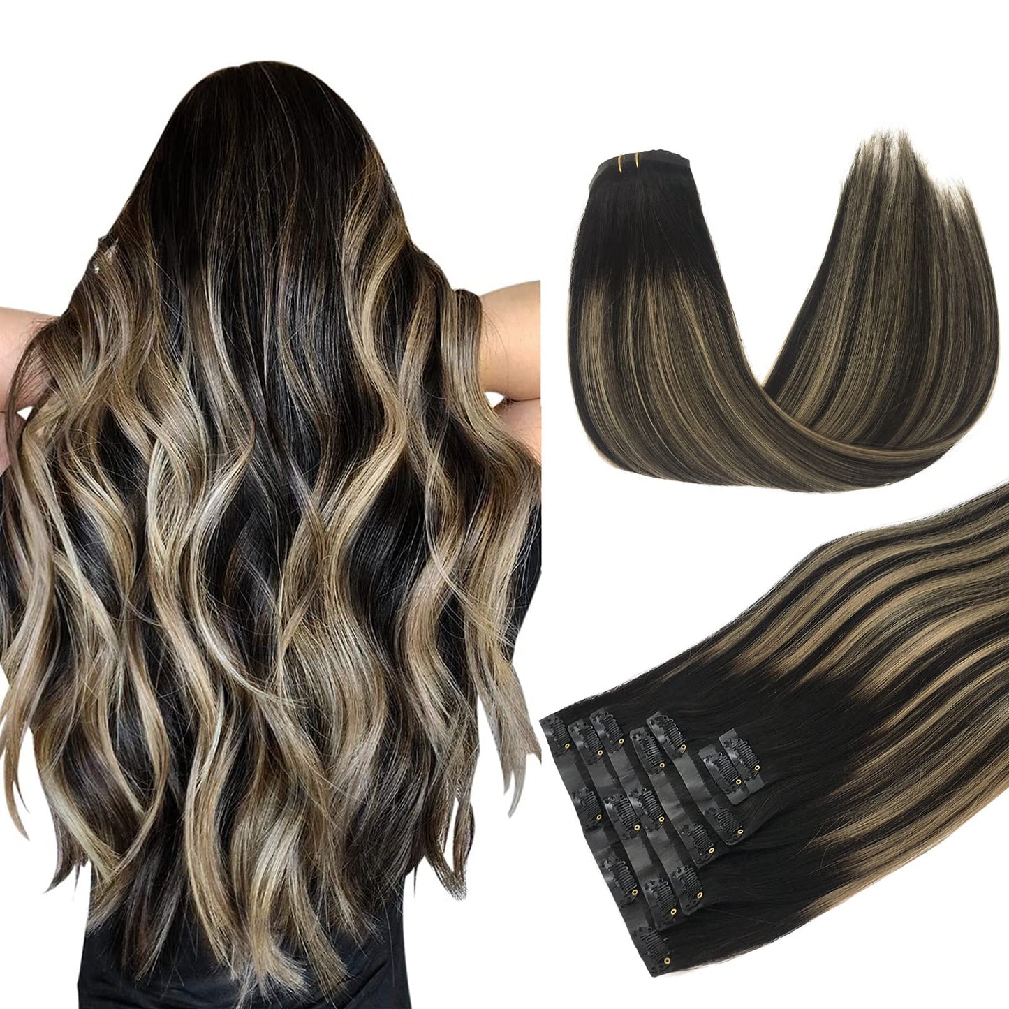 Doores Hair Extensions Clip Ins, Natural Black To Light Blonde 7Pcs 14 Inch 130G, Seamless Clip In Hair Extensions Remy Hair Thi