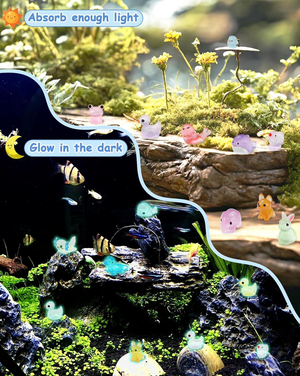 FIVEIZERO 100PCS Luminous mini Resin Animals Bulk - 20 Styles Glow in The Dark Plastic Tiny Animals Figures for Dollhouse, Fairy Garden, Aquarium, Party Favors & DIY Craft Decor