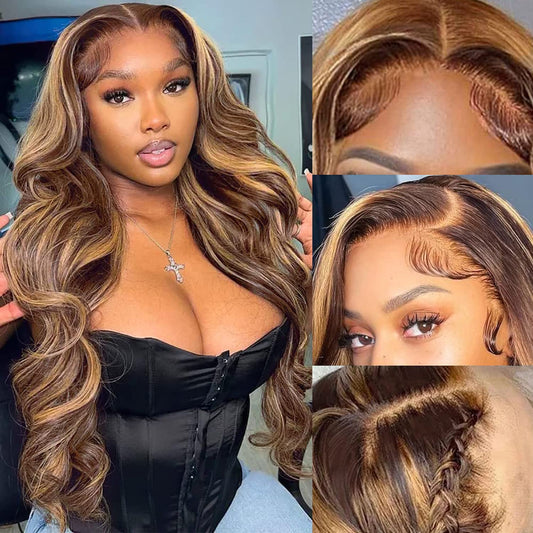Aicrelery Highlight Ombre 13X6 Lace Front Wig Human Hair Pre Plucked 13X6 Hd Transparent 4/27 Honey Blonde Lace Frontal Wigs Wit