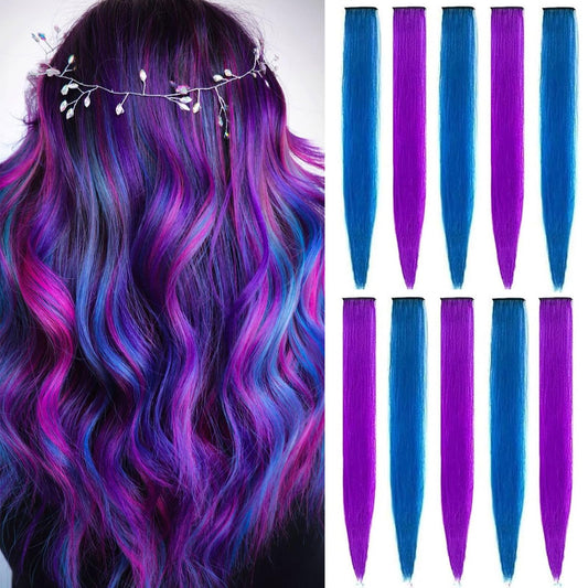 Ladyamz Colored Purple Hair Extensions 10 Pcs, Rainbow Party Highlights Clip In Synthetic Hair Extension, Colorful Hairpiece For