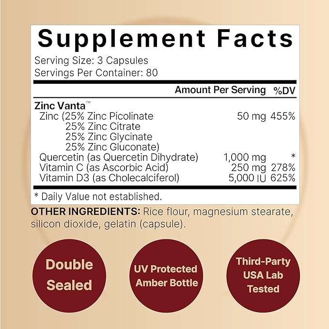 NatureBell 2 Pack Zinc Quercetin with Vitamin C & D3, 480 Capsules | Quercetin 1,000mg, 4 in 1 Zinc 50mg, Vitamin C 250mg, Vitamin D3 5,000 IU – ZincVanta Advanced Immune Defense & Lung Support