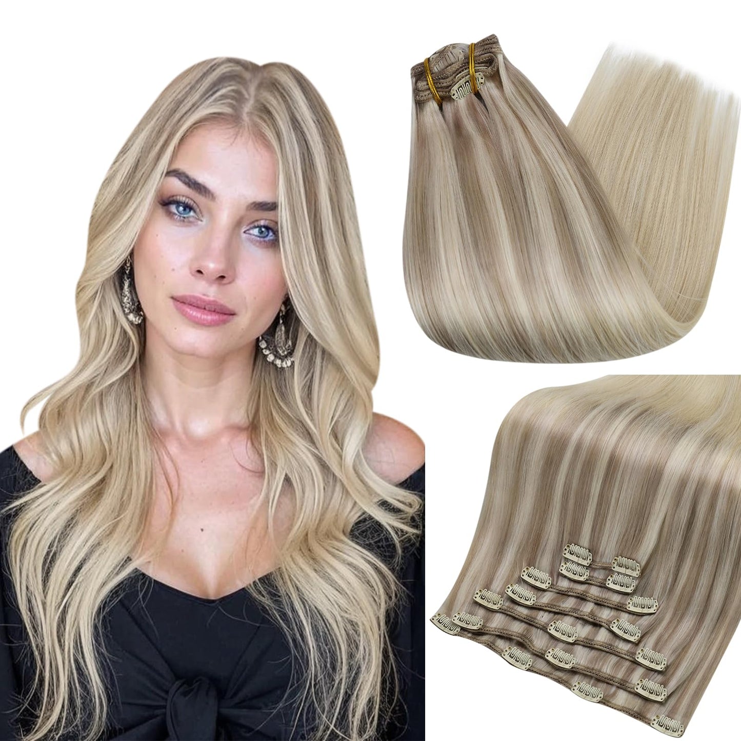 Full Shine Blonde Clip In Hair Extensions Real Hair Extensions Clip In Human Hair Nordic Balayage 18 Ash Blonde Fading To 22 And