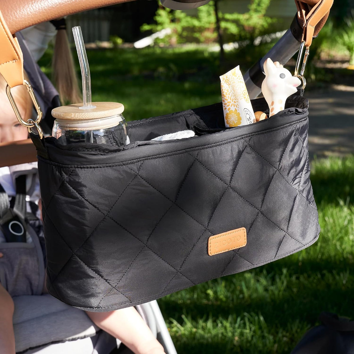 Beautiful Stroller Caddy Organizer With 2 Cup Holders - Zipper Pocket Bag | Luxury Stroller Bag with Universal Fit and Leather Straps - Spacious Accessories Perfectly Fits Doona, Nuna and Uppababy