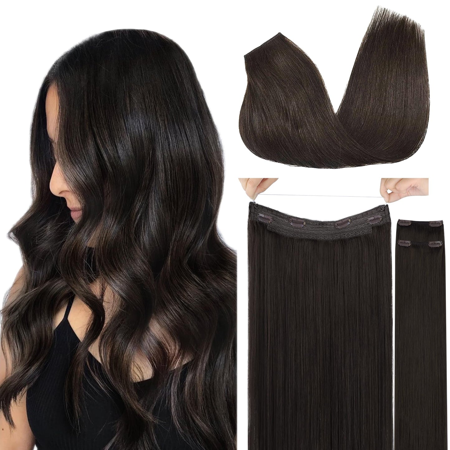 Goo Goo Wire Hair Extensions Human Hair, 2 Dark Brown Natural 14Inch 105G, Invisible Wire Hair Extensions With Transparent, Seam