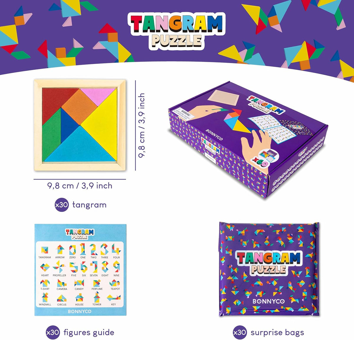 BONNYCO Wooden Tangram Puzzle Set of 30 for Kids Birthday Party Favors