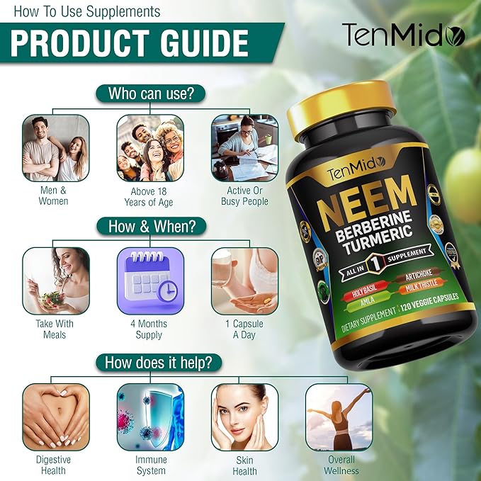 Neem Leaf Supplement - 8in1 Formula - Combine with Berberine, Turmeric, Holy Basil, Amla, Artichoke, Milk Thistle, and Black Pepper - Immune Support - 120 Capsules for 4 Months Supply