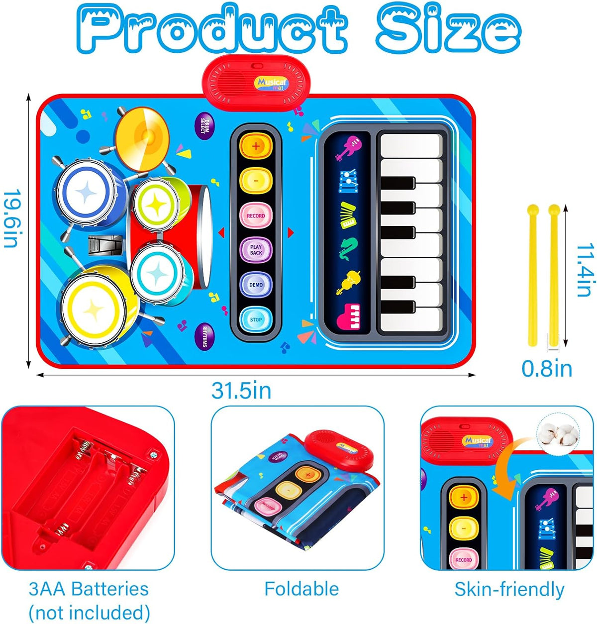 Baby 1-2 Years Music Mat: 2 in 1 Piano Drum Play Mat for Infant Music Toy 1-3 Year Old Boys Girls