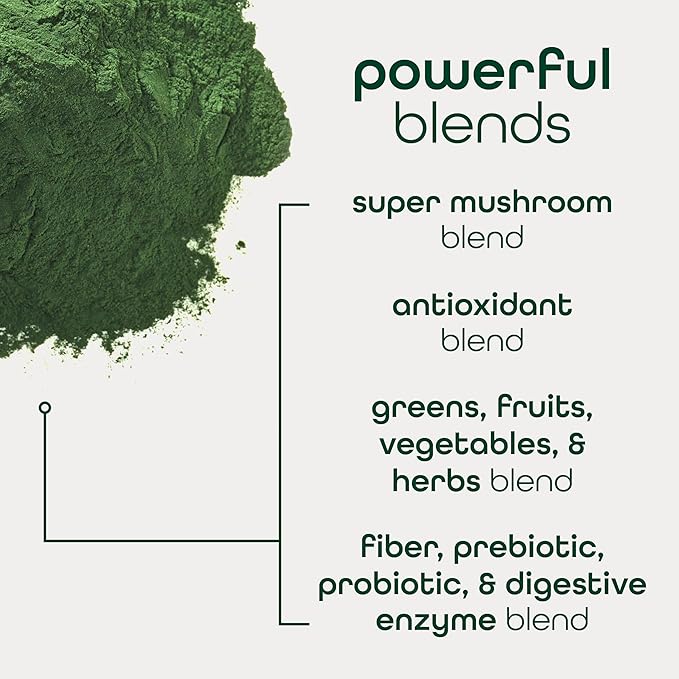 Organic Super Greens Powder, 70+ Superfoods, 0 Sugar, 3G Fiber, Spirulina, Chlorella, Antioxidants, Prebiotics/Probiotics, Digestive Enzymes, Green Apple, 30 Servings