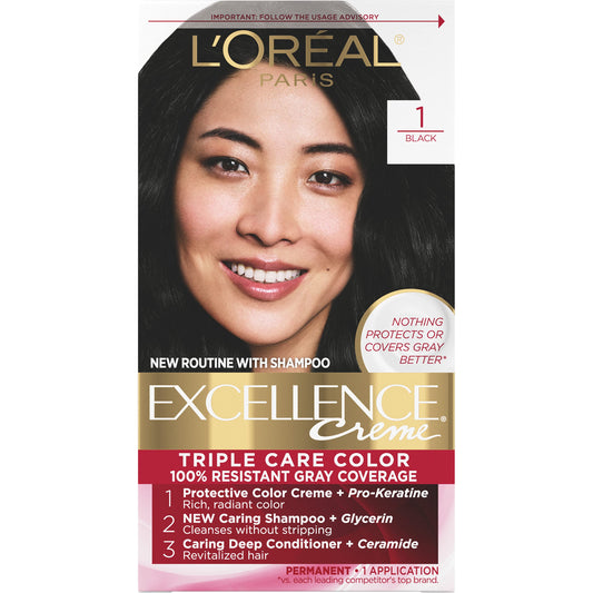 L'Oreal Paris Excellence Creme Permanent Triple Care Hair Color, 1 Black, Gray Coverage For Up To 8 Weeks, All Hair Types, Pack