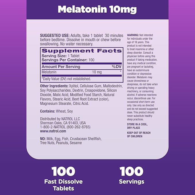 Natrol Fast Dissolve Melatonin 10 mg, Melatonin Supplements for Restful Sleep, Sleep Support for Adults, 100 Citrus-Flavored Tablets, Up to a 100 Day Supply