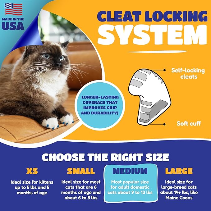 Soft Claws Cat Nail Caps for Large Cats – (40 Caps, Blue) - Made in USA - Veterinarian-Developed | Protects Furniture & Skin - Easy to Apply, Long-Lasting Anti-Scratch Soft Cat Claw Covers.