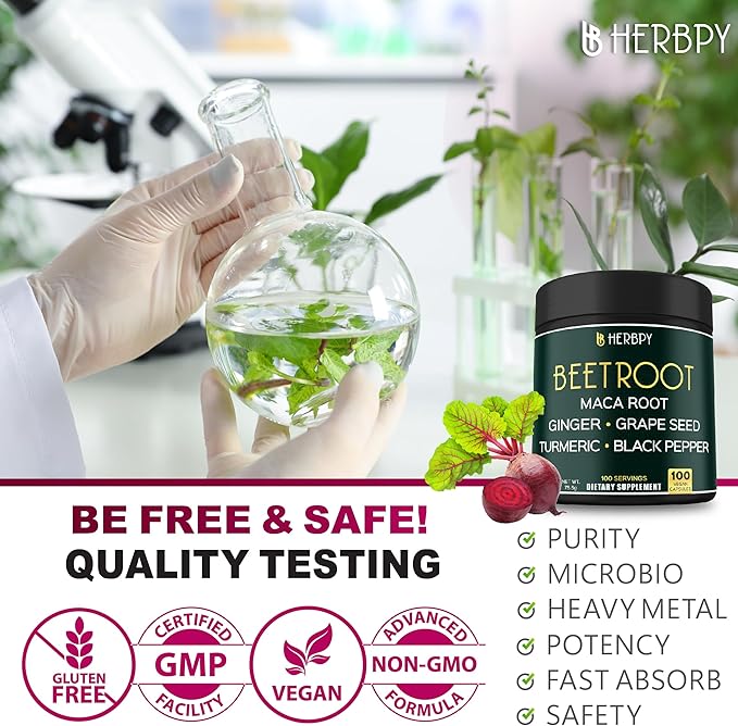 6in1 Beet Root Capsules with Maca Root, Grape Seed, Ginger, Turmeric and Black Pepper for Heart Health & Immune Support - 100 Vegan Capsules