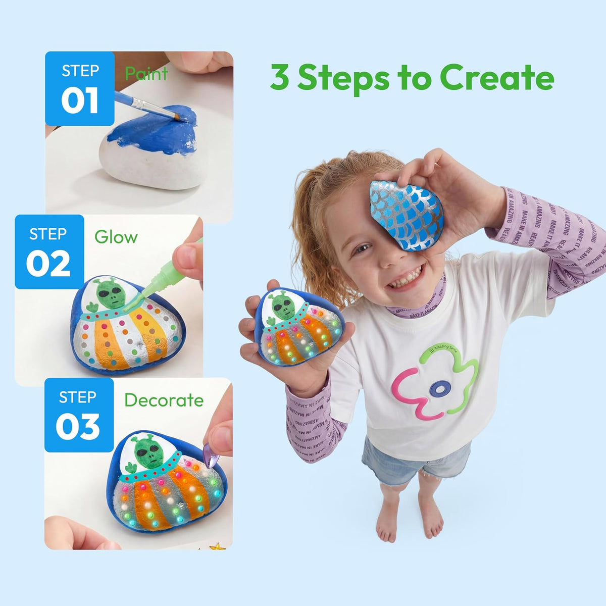 Rock Painting Kit- Glow in The Dark Rock Kit, Arts and Crafts for Kids Ages 6-12, Art Supplies Toy, Kids Craft Paint Kits, Arts & Crafts for Boys Girls Birthday Party Gift Toy