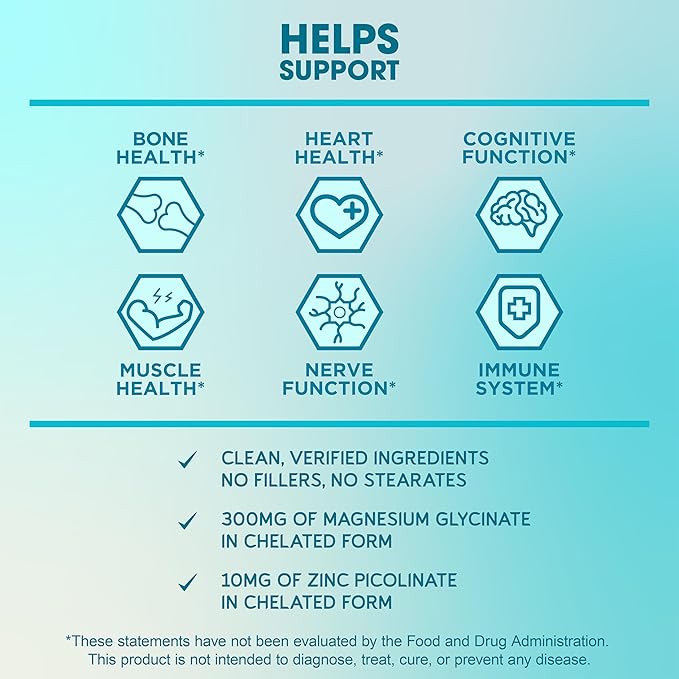 BioEmblem Magnesium Glycinate with Zinc - 300mg Chelated Magnesium Supplement - High Absorption Vegan Non-GMO 2-in-1 Complex - Immune Support, Muscles, Nerves - 90 Capsules