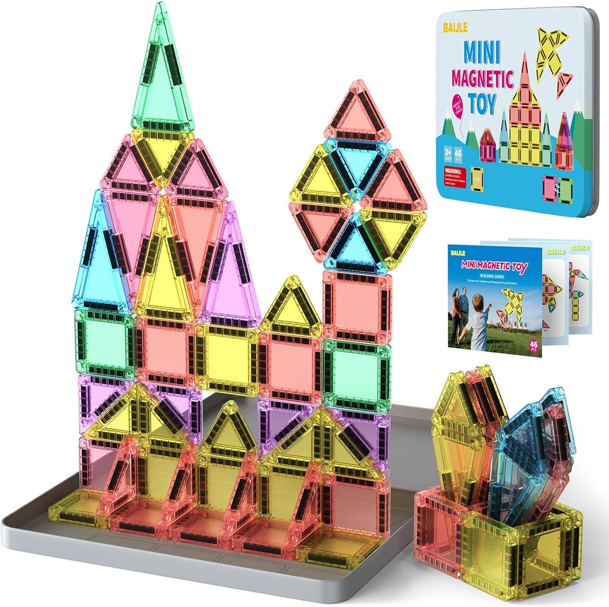 BAIJLE 46PCS Mini Magnetic Tiles, for Kids, Portable Magnetic Toys Travel Set with Iron Case for Kids Ages 4-8,Creativity Boosting Building Toys Set,Toddler Puzzle for Boys and Girls Ages 3+