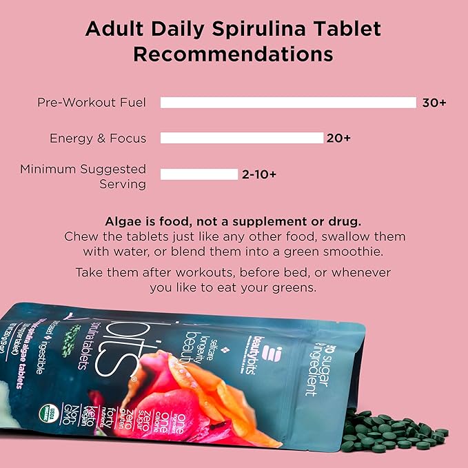 BEAUTYbits - Organic Spirulina Tablets - Algae Superfood - Collagen, Protein, Chlorophyll - Hair, Nails, & Skin Care - Vegan, Keto, Gluten Free - Self Care - Skincare Beauty Gifts - 2 Bags, 60 Tablets