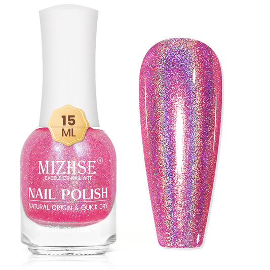 Mizhse Holographic Nail Polish, Pink Glitter Nail Polish Air Dry Fast, 15 Ml High Glossy Shimmer Nail Pigment Oil-Based Laser Ir