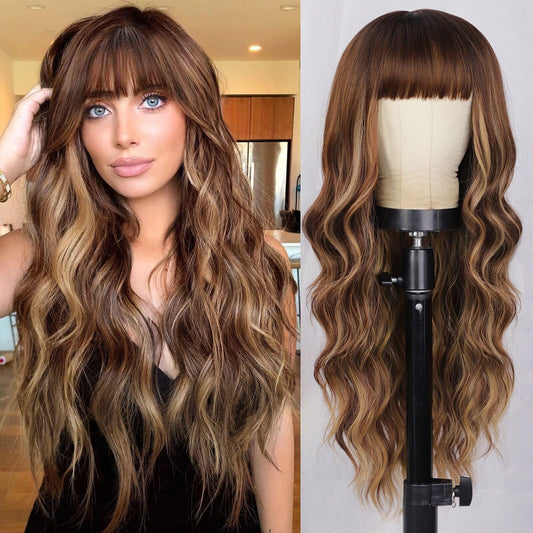 Aisi Queens Wigs With Bangs Brown Highlight Wigs For Women Long Wavy Wigs With Dark Roots Synthetic Heat Resistant Fibre Brown M