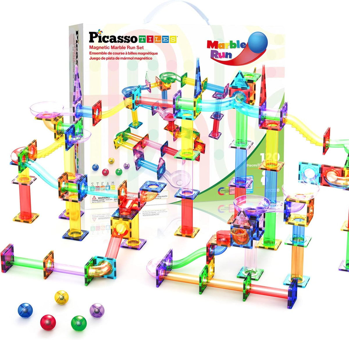 PicassoTiles 100pc Magnetic Marble Run Set with Racing Track Tiles Funnels Curved Slopes and Steel Balls for Kids STEM Construction Indoor Learning Toy that Promotes Focus and Problem Solving PTG100