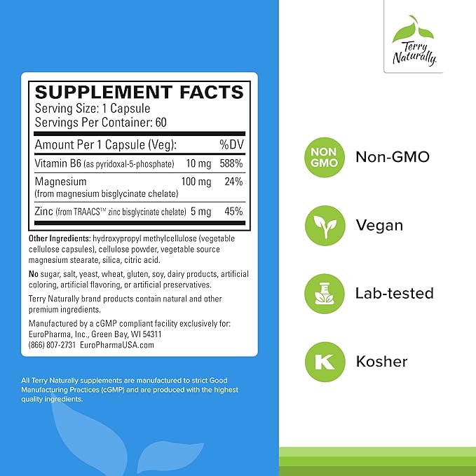 Terry Naturally BioActive Magnesium Complex - Bone & Heart Health Support - Supplement with Vitamin B6, Zinc & Magnesium - Pyridoxal-5-Phosphate Vegan Capsule Supplement - 60 Capsules