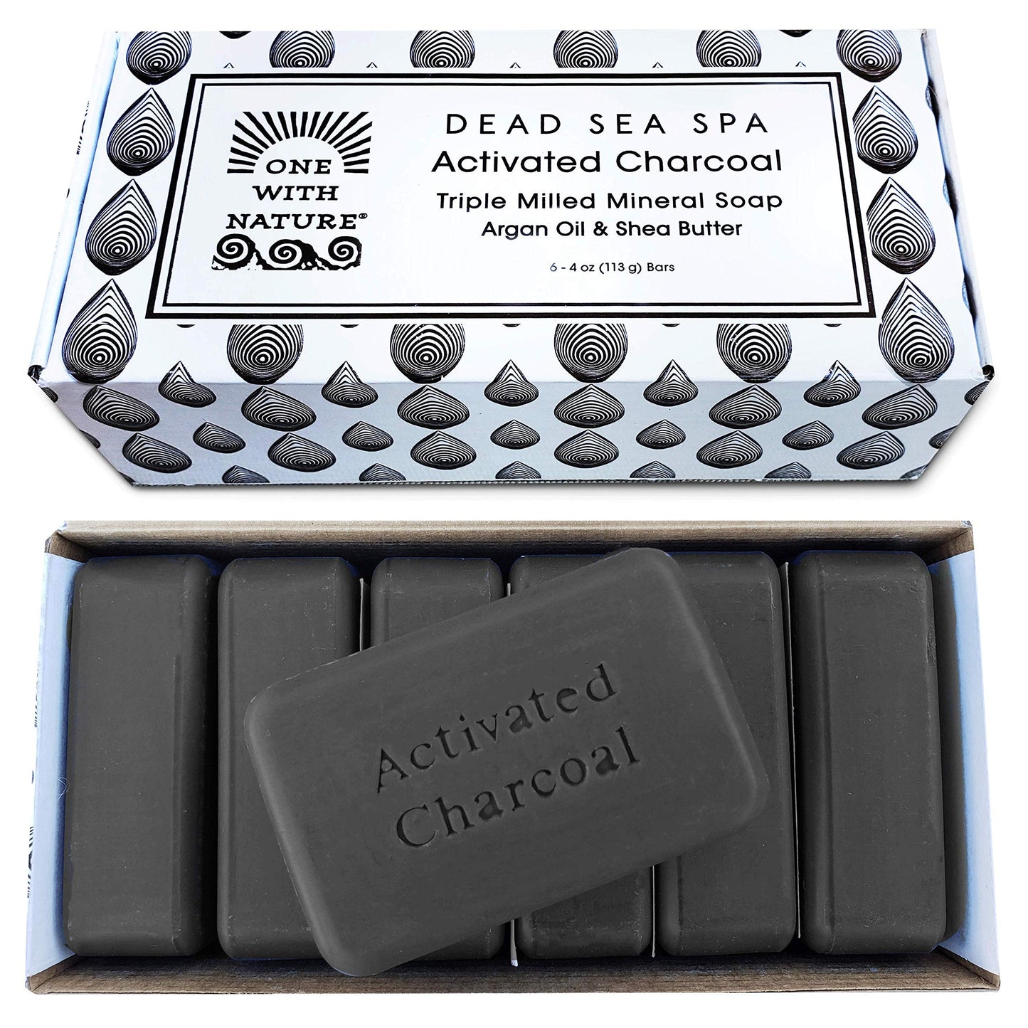 One With Nature 4Oz 6Pack Charcoal Soap Bar In Gift Box For Face, Body, Acne, All Skin Types - Contains Dead Sea Salt, Activated