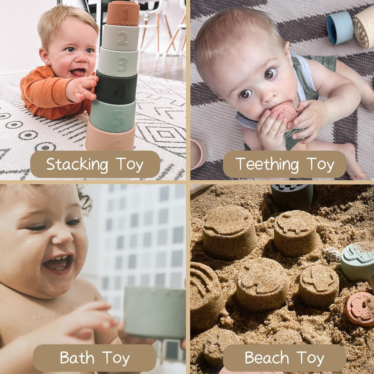 Moonkie 7-piece Stackable Silicone Teether Toy Set for 6+ Months, Soft and Edible