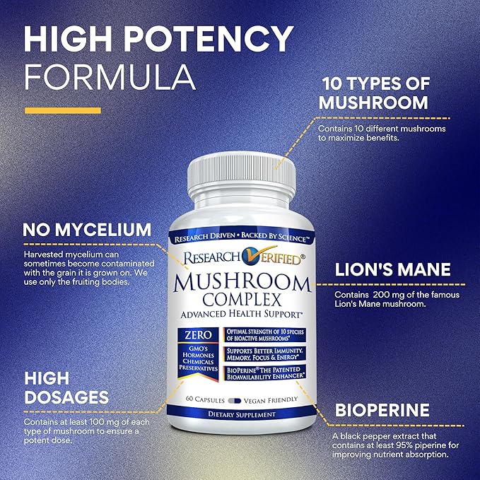 Research Verified Mushroom Complex - Support Immunity, Boost Antioxidants, Improve Cognitive Function - 10 Mushrooms Including Reishi, Maitake, and Shiitake - 180 Capsules - Vegan