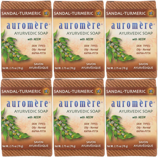 Auromere Ayurvedic Bar Soap, Sandal Turmeric - Eco Friendly, Handmade, Vegan, Cruelty Free, Natural, Non Gmo (2.75 Oz), 6 Pack