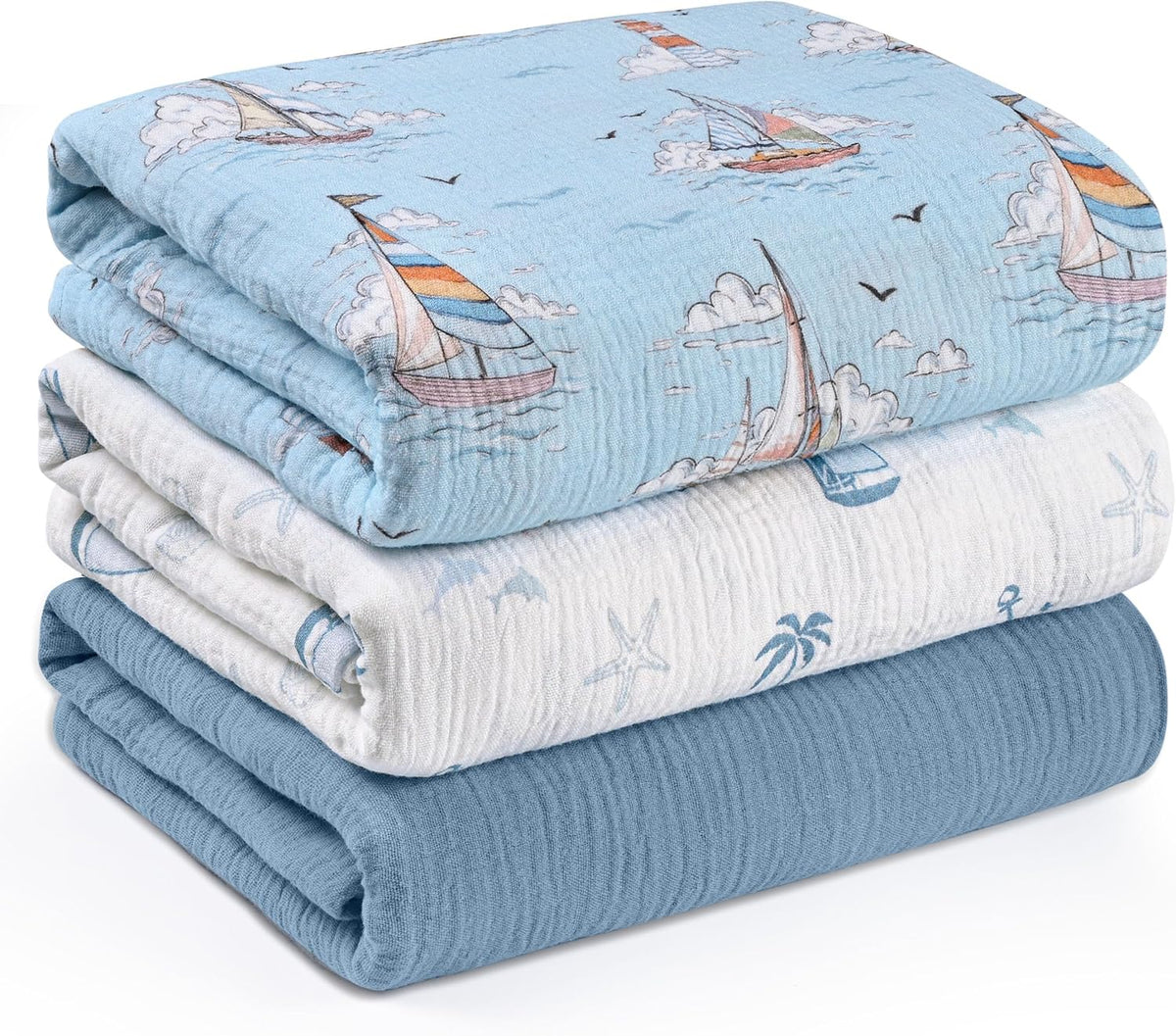 Muslin Swaddle Blankets for Newborn, 3 Pack Breathable Soft Receiving Blanket, Large 38 x 40 inches Swaddle Wrap Burping Clothes, Essentials Infant Shower Items, Toddler Gift (Blue Sea)
