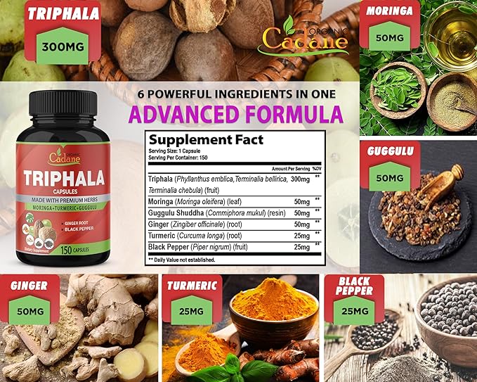 Organic Cadane Triphala Extract Capsules, 5 Months Supply with Turmeric, Guggulu, Ginger, Black Pepper, Moringa - Support Digestion Health & Immune System - 150Caps