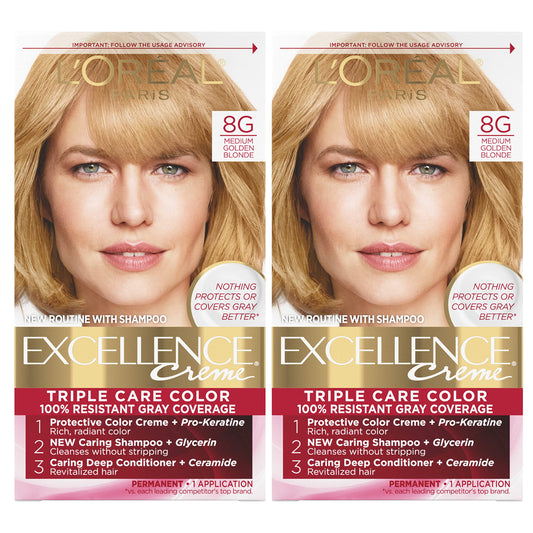 L'Oreal Paris Excellence Creme Permanent Hair Color, 8G Medium Golden Blonde, 100 Percent Gray Coverage Hair Dye, Pack Of 2