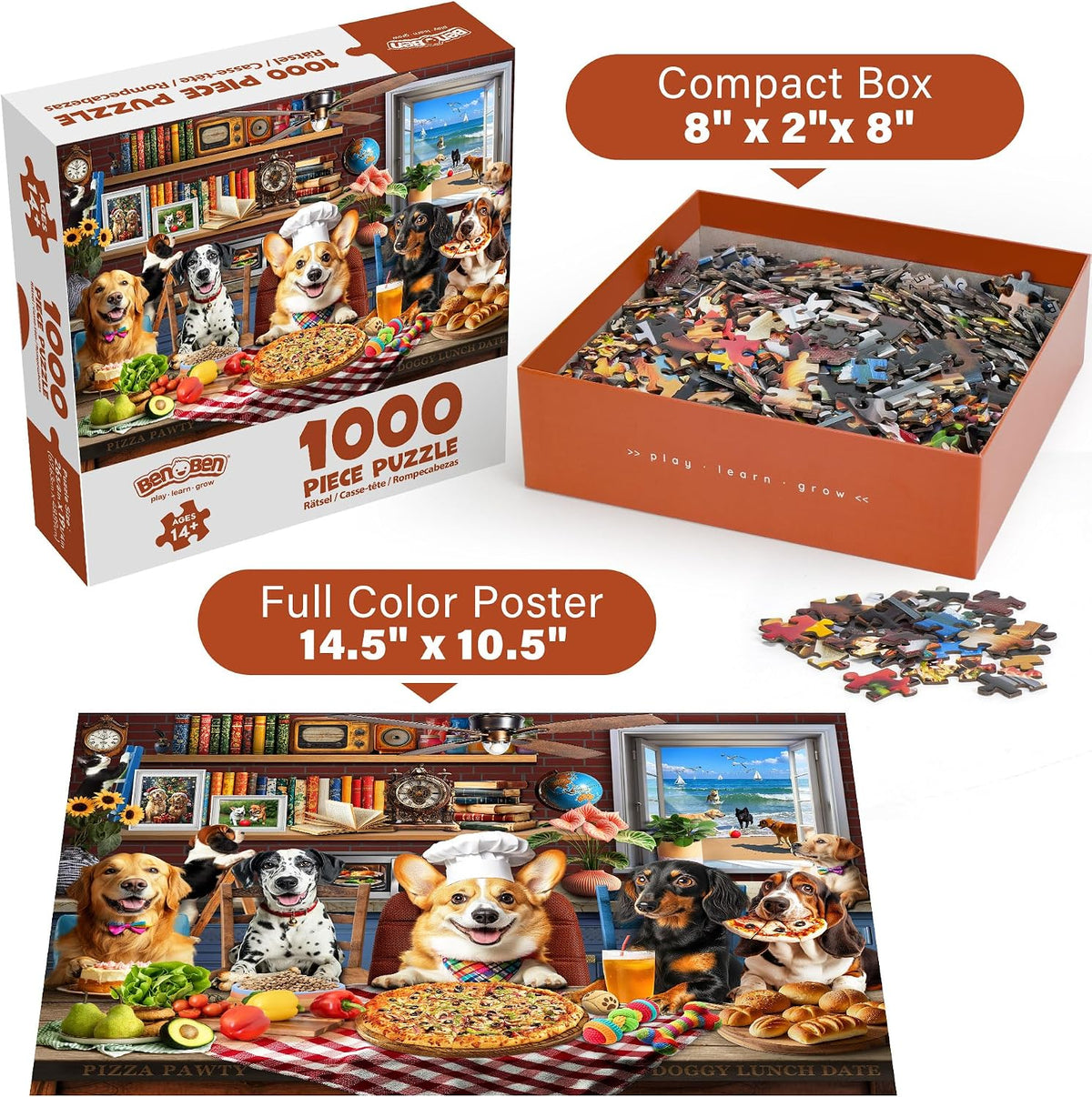 BenBen Puzzles for Adults 1000 Pieces, Dogs' Dinner Party, Dog Jigsaw Puzzle with Patterns on Back, Funny Animal Puzzle, Challenging Puzzles for Family Game Night, Home Décor
