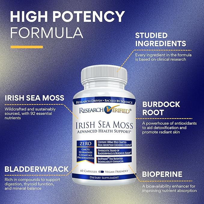 Research Verified Irish Sea Moss - Bladderwrack, Burdock, BioPerine - Rich in Prebiotics - Boost Immunity, Aid Digestion - 180 Capsules - Vegan - Made in The USA