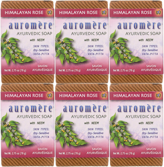 Auromere Ayurvedic Bar Soap, Himalayan Rose - Eco Friendly, Handmade, Vegan, Cruelty Free, Natural, Non Gmo (2.75 Oz), 6 Pack