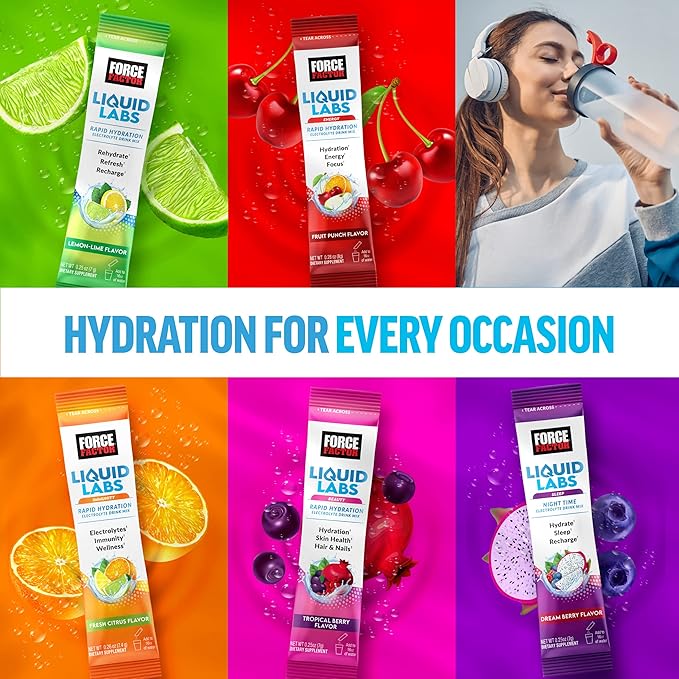 Bundle of FORCE FACTOR Liquid Labs Electrolytes Powder, Hydration Packets to Make Electrolyte Water with 5 Vitamins, Minerals, and Antioxidants, Lemon-Lime + Energy Fruit Punch Flavor, 40 Stick Packs