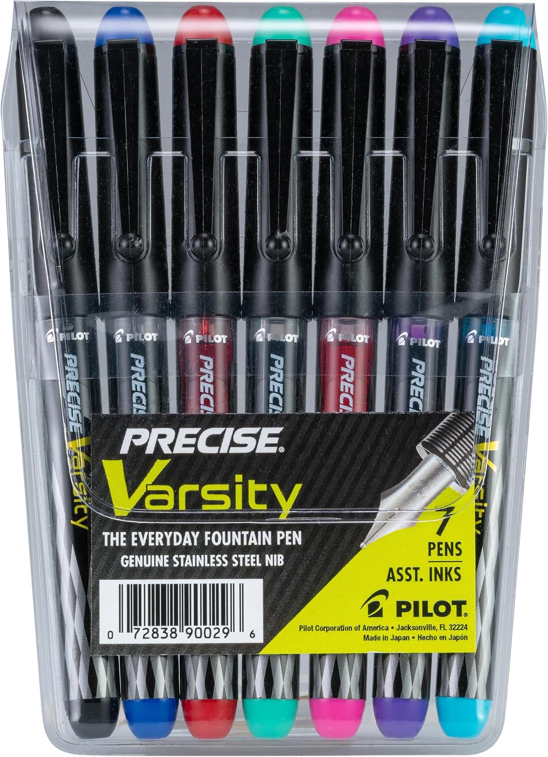 Pilot Precise Varsity Pre-Filled Fountain Pens for Writing, Medium Point Stainless Steel Nib, Black/Blue/Red/Pink/Green/Purple/Turquoise Ink, 1.0mm, 7-Pack