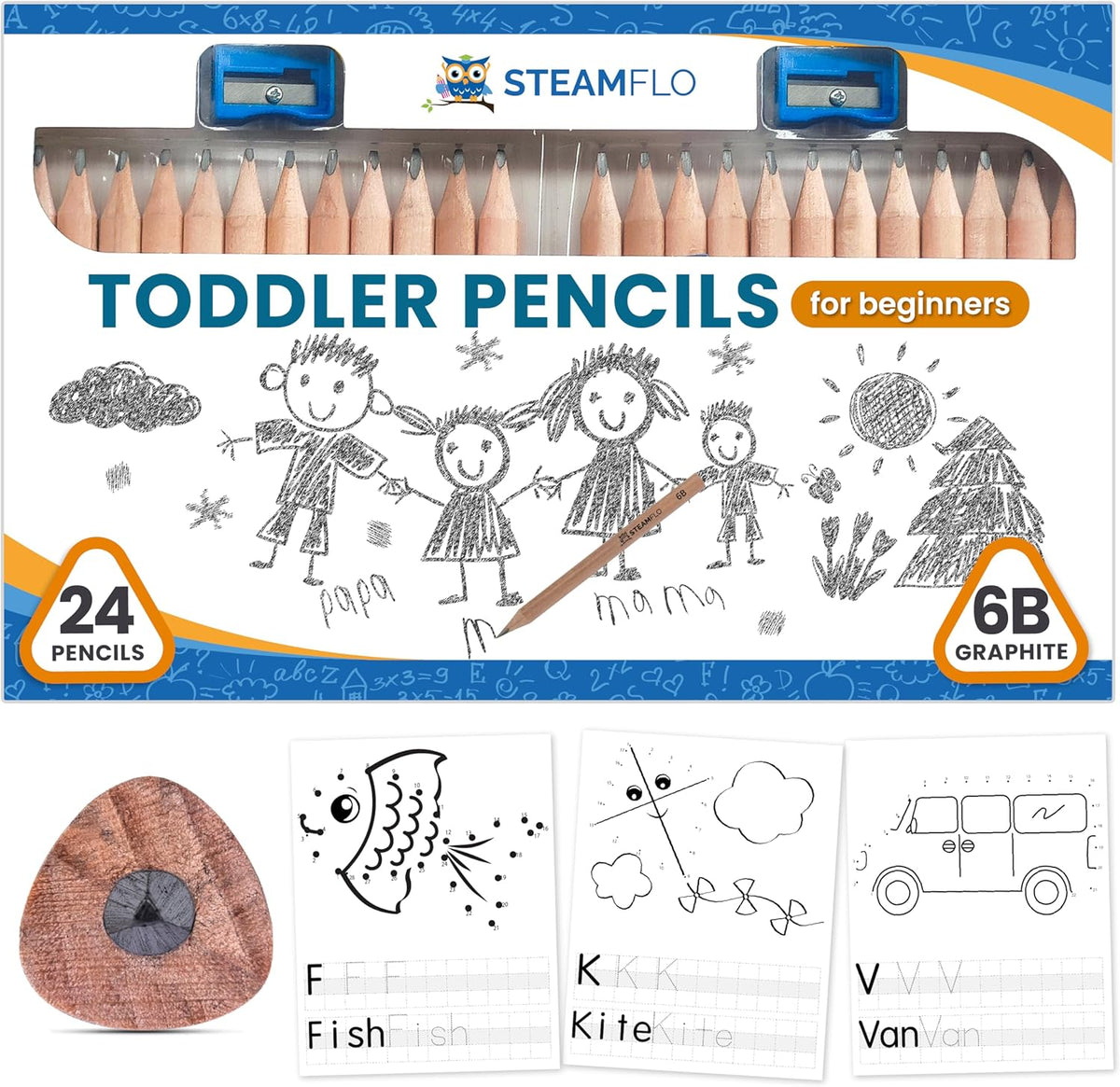 Learning Pencils For Toddlers 2-4 Years–Kids Pencils For Beginners, Toddlers And Preschoolers, Jumbo Triangle Shape With Soft Graphite (8pk+Sharpener)