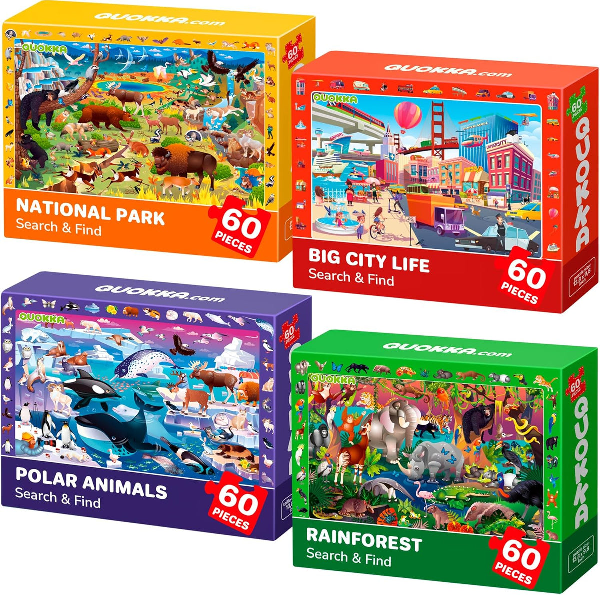 QUOKKA Puzzles for Kids Ages 4-6 - 4 x 60 Puzzles for Toddlers 5-8 - Educational Search and Find Toy for 8-10 yo for Learning Forest Polar, USA National Park Animals and City Life