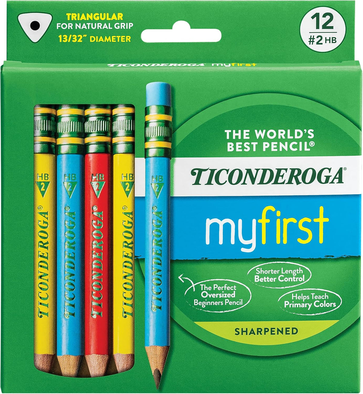 Ticonderoga My First Short Triangular Wood-Cased Pencils, #2 HB Soft, With Erasers, Primary Colors, 12 Count