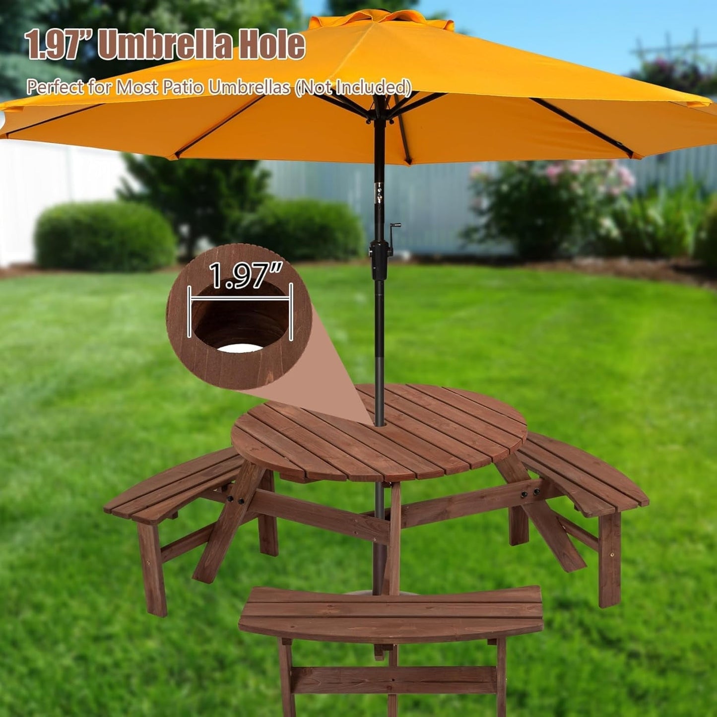 Picnic Table,6 Person Wooden Picnic Table with 3 Built-in Benches, Circular Outdoor Wooden Table with Seat for Patio, Backyard, Garden,2220lb Capacity - Natural