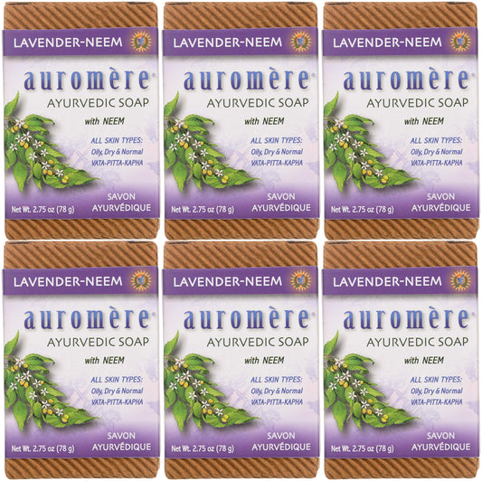 Auromere Ayurvedic Bar Soap, Lavender Neem - Eco Friendly, Handmade, Vegan, Cruelty Free, Natural, Non Gmo (2.75 Oz), 6 Pack