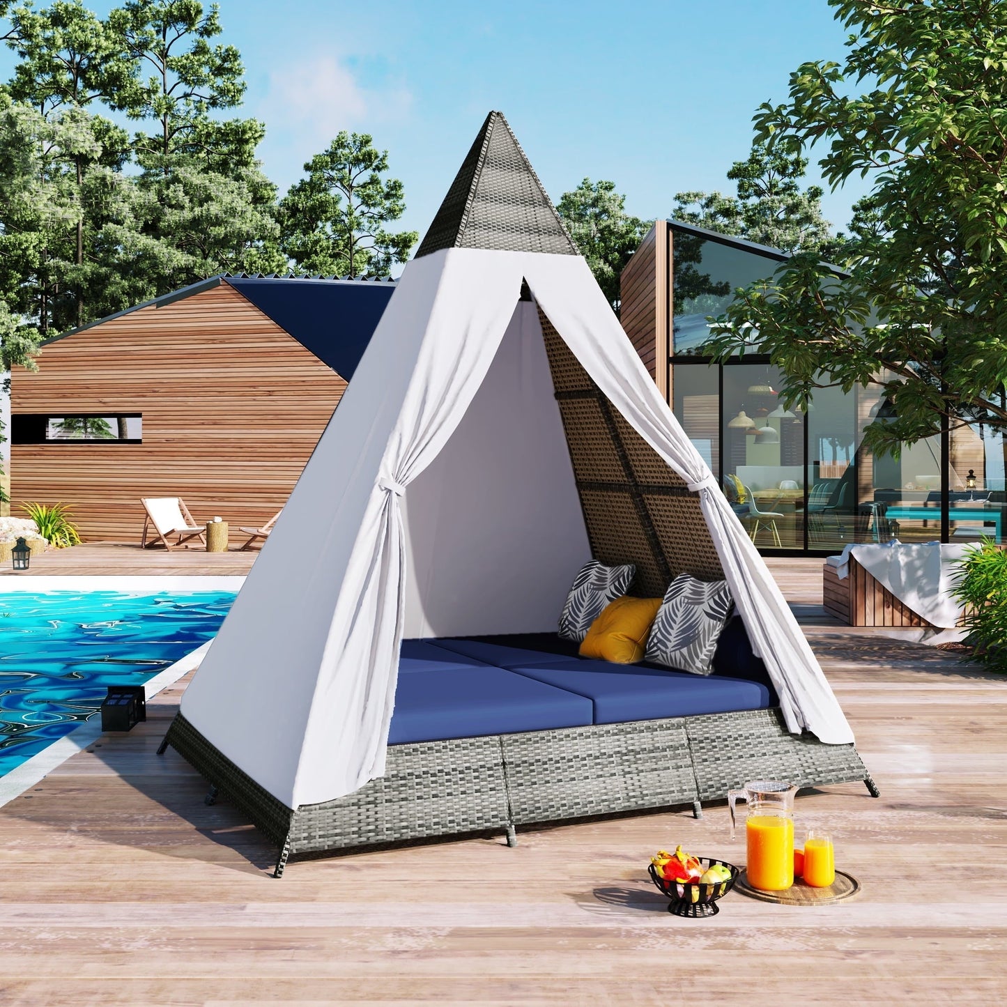 GO 90.5" Length Outdoor Lounge Bed with Decorative Pillows, Wicker Patio Daybed with Cushions, Canopy Design, Gray & Blue
