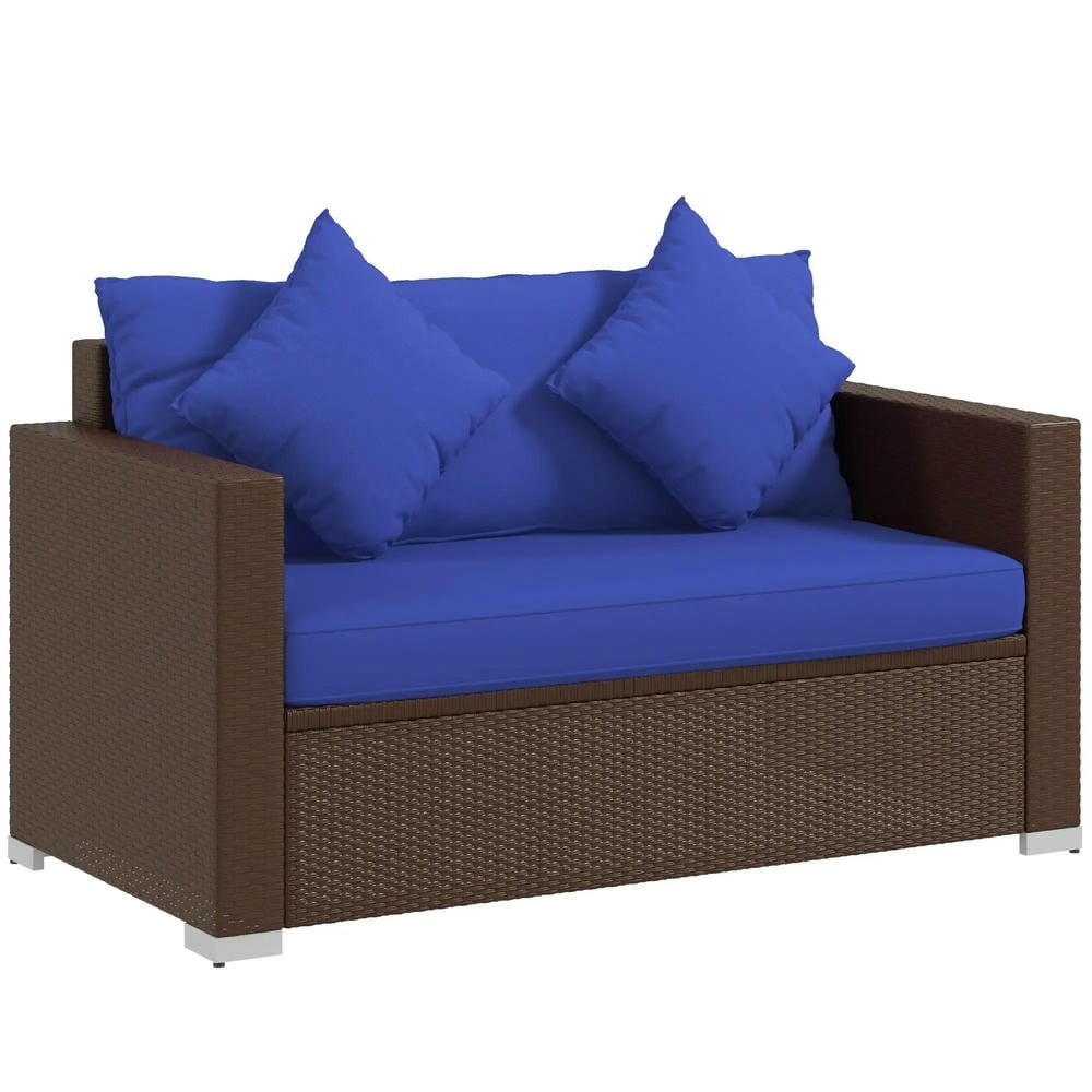 GVN Outdoor Couch Patio Sofa,Wicker Loveseat, Patio Furniture Couch with Cushions, 2 Seat PE Rattan Sofa, 2 Throw Pillows, Blue
