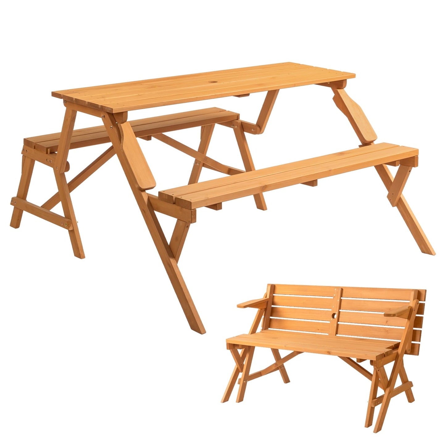 Ktaxon 2-in-1 Outdoor Interchangeable Wooden Picnic Table Set, Transforming Bench w/Umbrella Hole, Convertible Patio Bench for Backyard Porch Deck, Teak