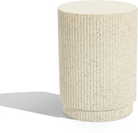 LuxenHome Cream Cement Round Outdoor Side Table, End Tables for Patio, Garden Small Accent Decorative Stool,  Stand Drum Table Indoor and Outdoor