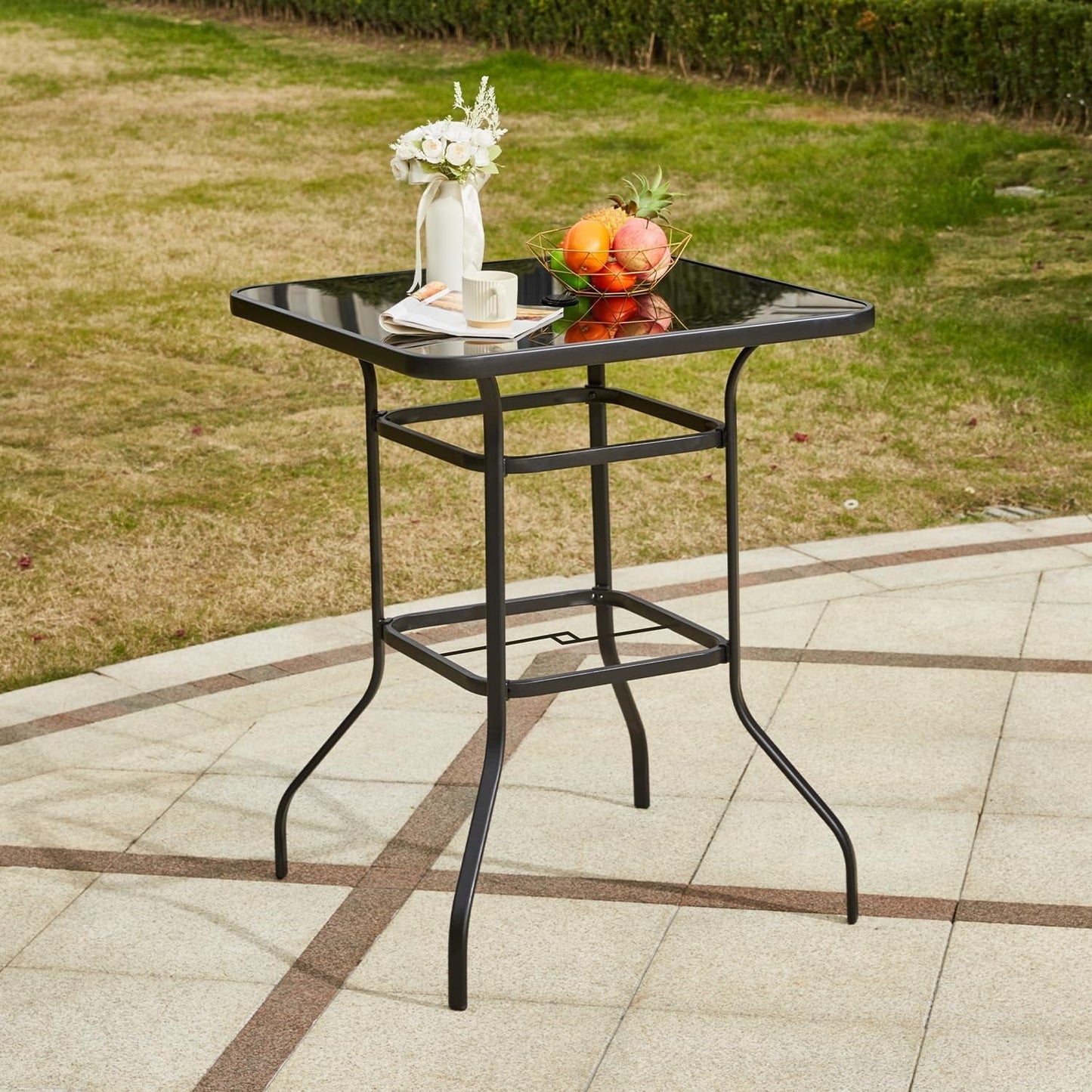 MELLCOM 32'' Outdoor Bar Table, Metal Outdoor Table with 1.57'' Umbrella Hole, High Top Patio Bar with Tempered Glass for Balcony, Backyard, Poolside, Garden, Black